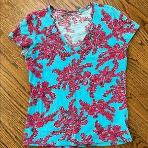 Lilly Pulitzer Vibrant Blue and Red Floral Tropical V-Neck Short Sleeve Top